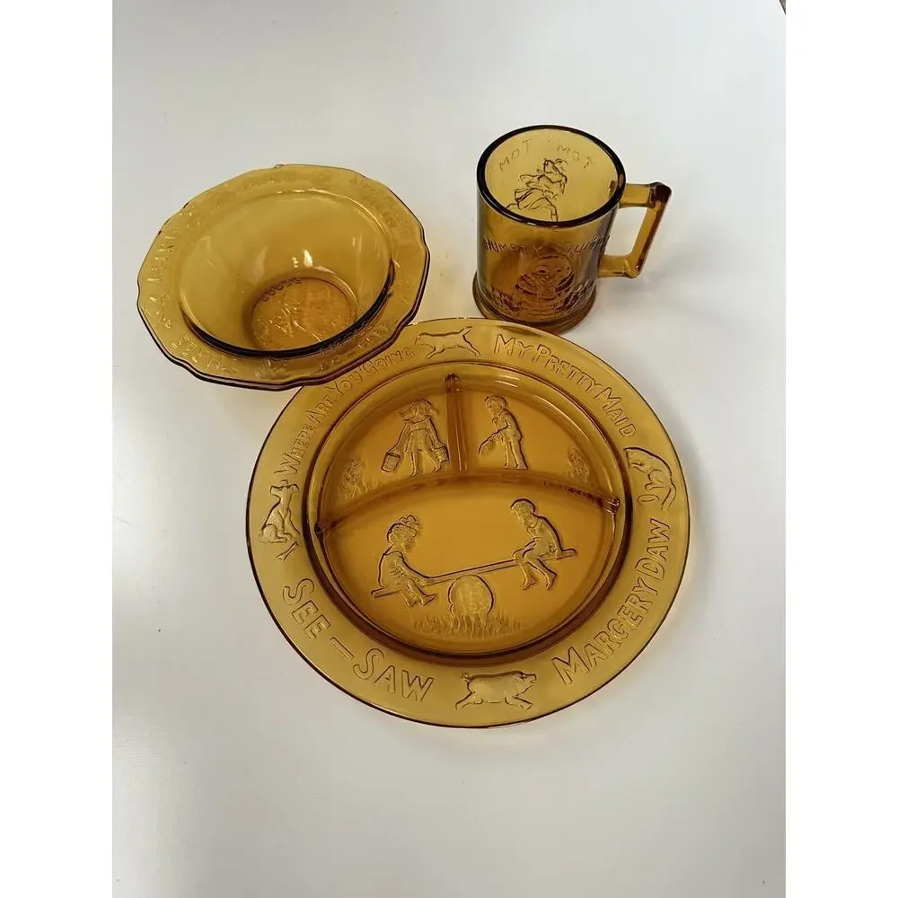 Vintage 80s Amber Tiara Glass Mother Goose Dish Set - Picture 10 of 11